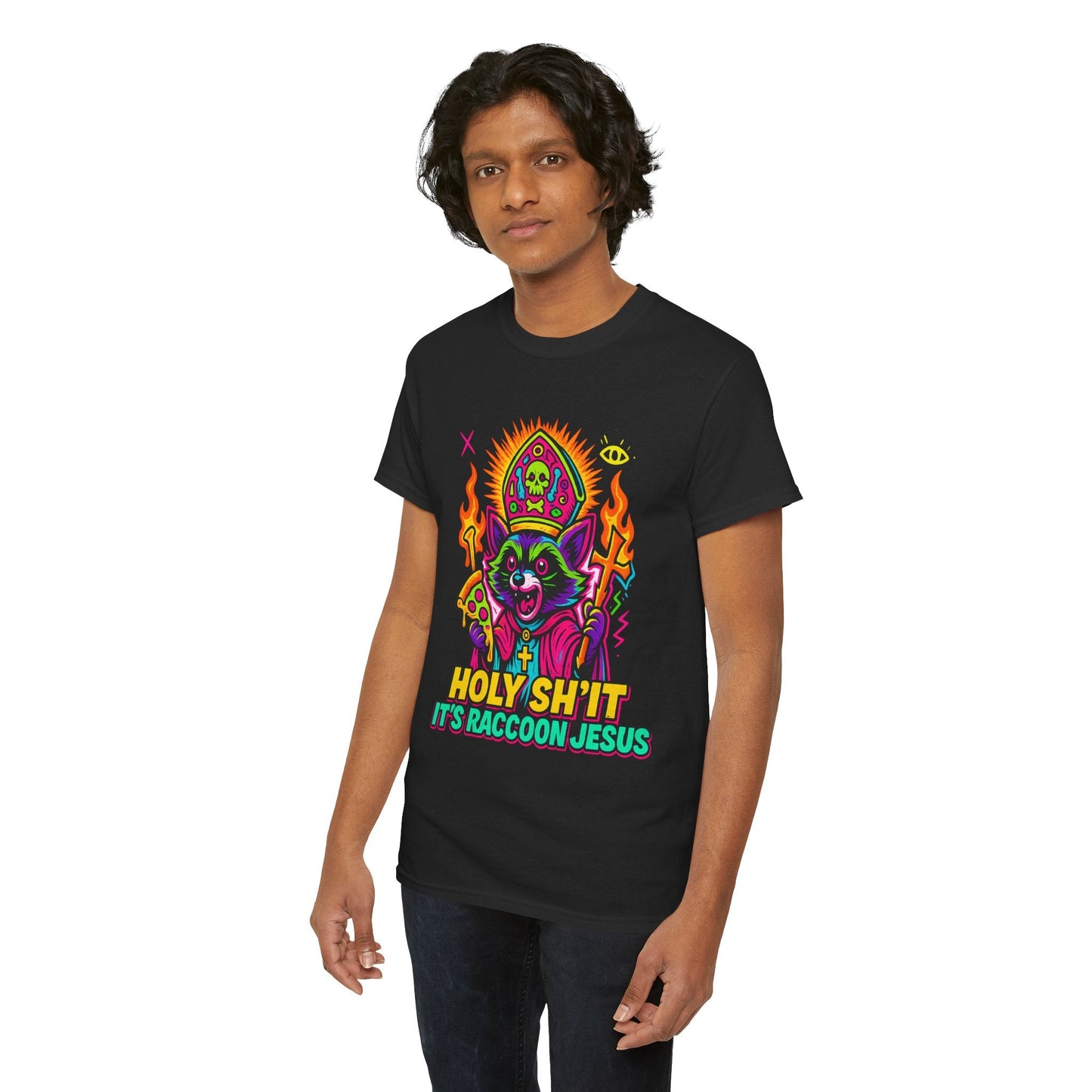 Holy Sh*t, It’s Raccoon Jesus – Neon Trash Cult Graphic Tee | Gildan 5000 | Limited Edition