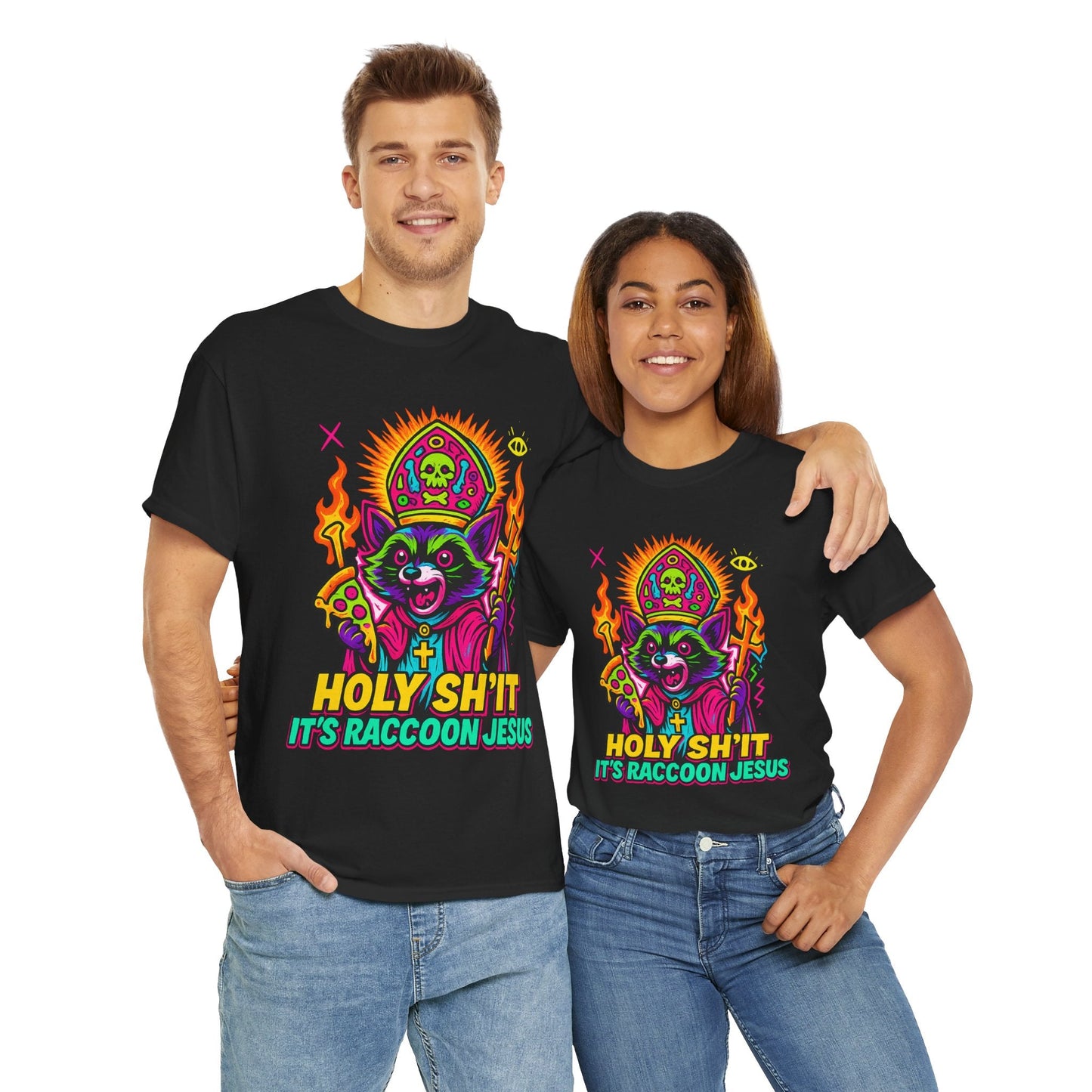 Holy Sh*t, It’s Raccoon Jesus – Neon Trash Cult Graphic Tee | Gildan 5000 | Limited Edition