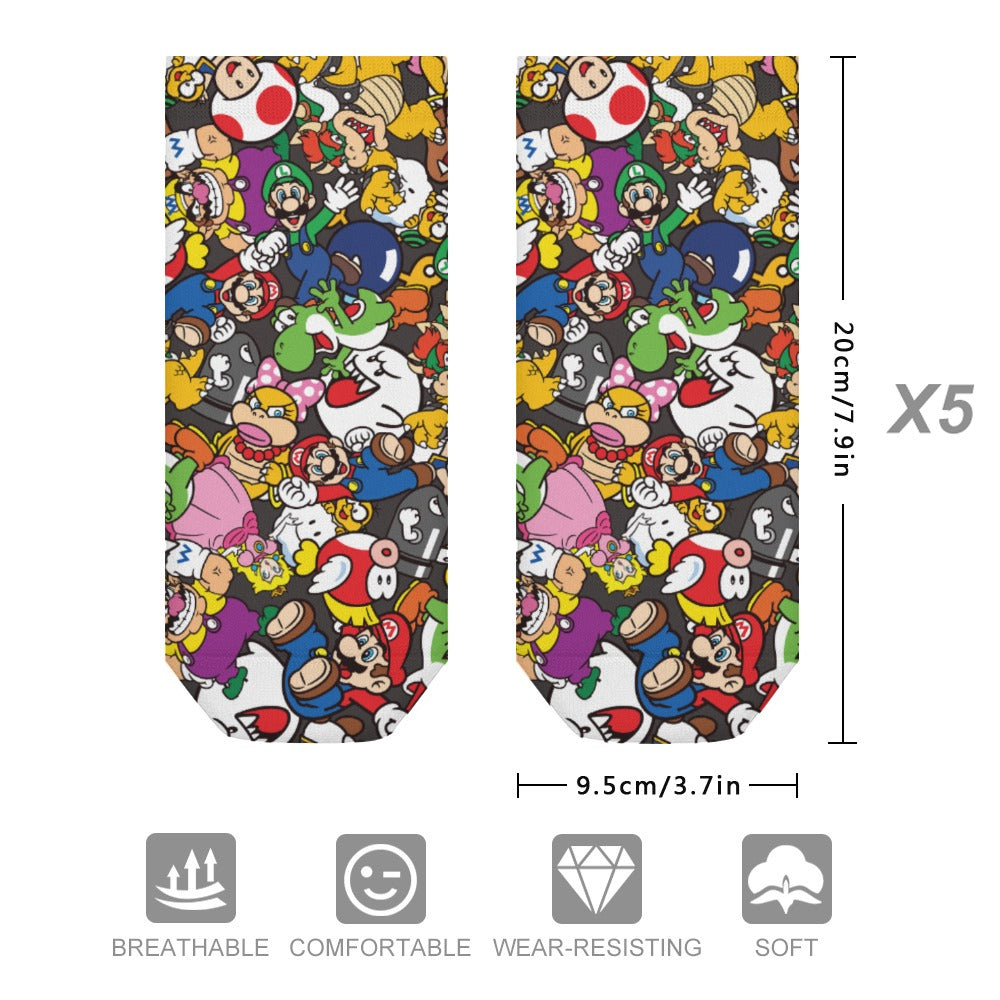 Mario Characters Ankle Socks (5 Pairs) The Perfect Sweat-Proof, Odor-Proof, Breathable Music Festival Socks